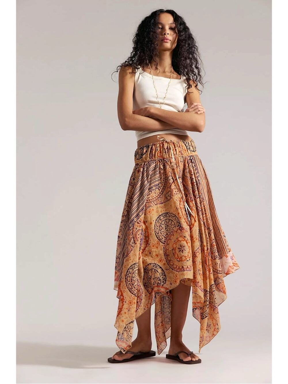 Free People Bohemian 70s FP One Kaia Asymmetrical Midi Skirt Scarf Print Large
